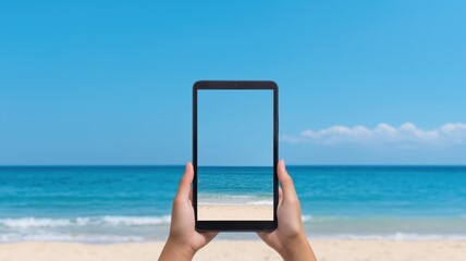 A person holds a tablet displaying a serene beach view, blending technology with natural beauty under a clear blue sky.