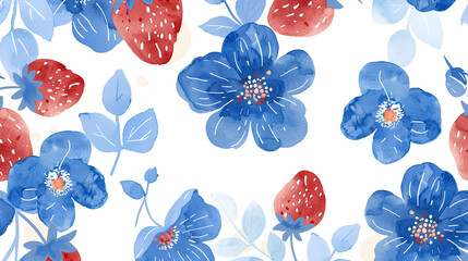 Cute blue flowers and strawberries on a white background, pastel colors, minimalist style, simple line art, watercolor illustration with a boho pattern