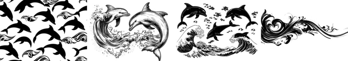 Obraz premium Animated Dolphin Silhouette Vector, Dolphin Jumps from Water