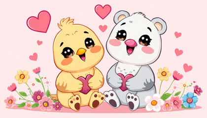 Obraz premium Cute Cartoon Teddy Bear Couple Holding Hearts, Perfect for Valentine's Day Card Design