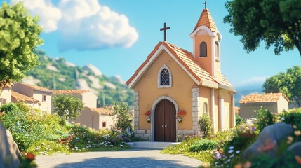 Naklejka premium Charming chapel dedicated to the Virgin Mary nestled in a picturesque village tranquil setting religious architecture