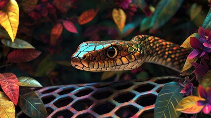 Obraz premium Garter snake head gracefully slithering over a metal grate intermingled with vibrant leaves and flowers nature observation