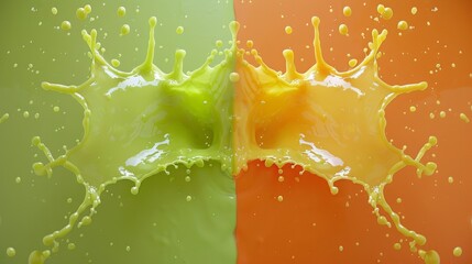 Vivid splashes of green and bright orange oil paint collide, creating dynamic patterns that delight...