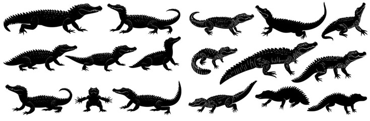 Fototapeta premium The silhouettes of alligators and crocodiles on a white background are a modern illustration for wildlife, nature, and education.