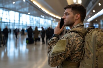 A soldier in uniform making a phone call at a modern airport terminal, highlighting themes of travel, communication, and the constant movement of military life.