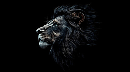 Majestic lion portrait closeup on dramatic black background powerful wildlife photography digital art. Majestic. Illustration