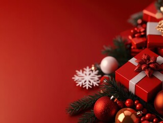 Obraz premium Festive arrangement of red Christmas gifts, ornaments, and decorations on a vibrant red background.