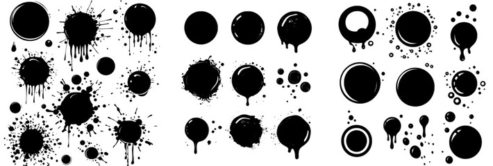 The melting round shape is a melted texture label flowing liquids dripping circles. Tiny flat modern icons of molten caramel syrup sweets and chocolate blobs.