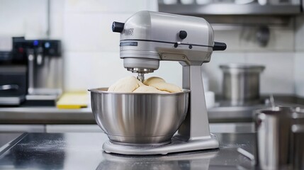A silver stand mixer with dough in a stainless steel bowl on a kitchen counter.