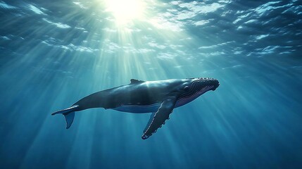 Fototapeta premium Humpback whale glides gracefully through ocean depths