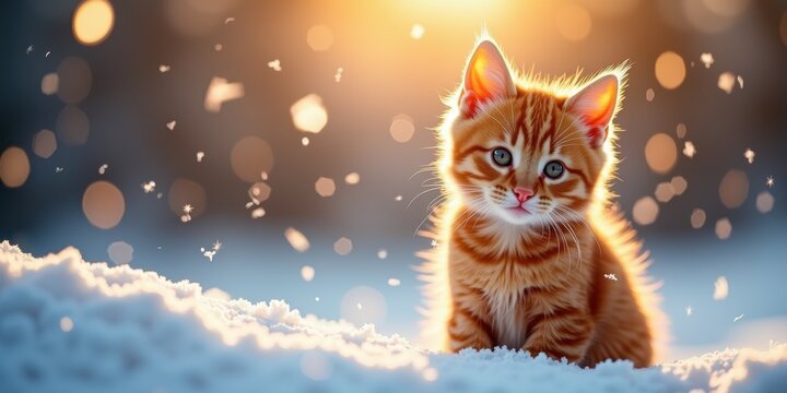 A cute ginger kitten sits in the snow, illuminated by soft sunlight, creating a warm and magical winter atmosphere. Perfect for pet photography and seasonal marketing.