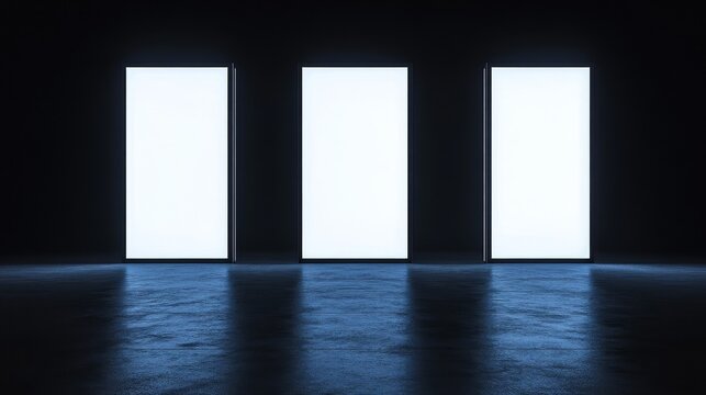 Front view of three vertical video screens with bright white displays in a dark room, creating a minimalist, high-contrast installation for a contemporary art setting.