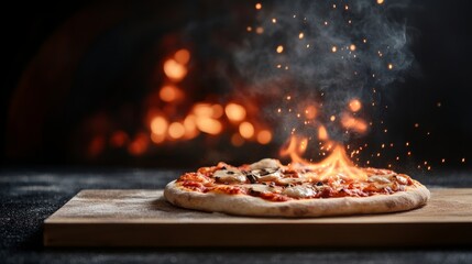 Delicious pizza rests on the wooden table, just out of the wood-fired oven. Melted cheese and toppings steam, revealing freshness and the perfection of baking.