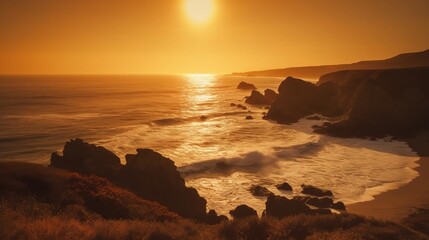 Obraz premium Serene Sunset Over Coastal Landscape at Dusk