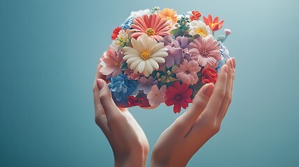 Hands hold a colorful bouquet of fresh flowers
