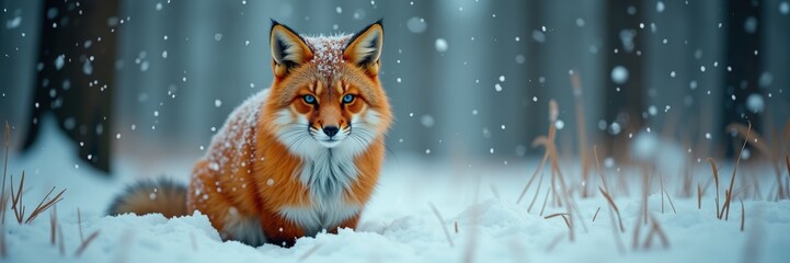 Fototapeta premium A stunning, close-up image of a red fox sitting gracefully in a snowy landscape, showcasing the beauty of wildlife in winter.
