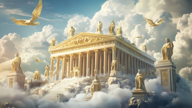 Majestic mount olympus: ancient temples, golden statues, and mythical creatures soaring in the clouds. Majestic. Illustration