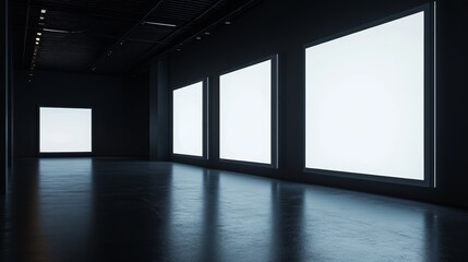 Front view of three vertical video screens with bright white displays in a dark room, creating a minimalist, high-contrast installation for a contemporary art setting.