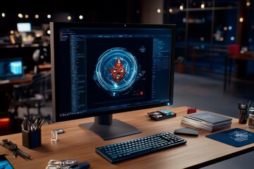 Vintage-inspired computer with an old CRT monitor, keyboard, and floppy disks on a wooden desk