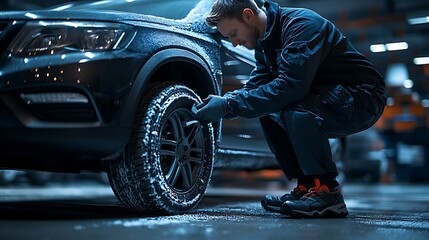 Man changes winter tire on car in snowy garage
