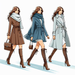 Stylish Trendy Business Fashion Woman Model Smiling and Walking on White Background Drawing Avatar