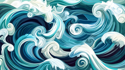 Abstract illustration of swirling blue and white ocean waves.