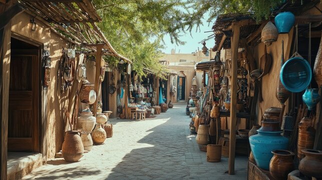 Dubai heritage village with traditional houses and artifacts. Copy space