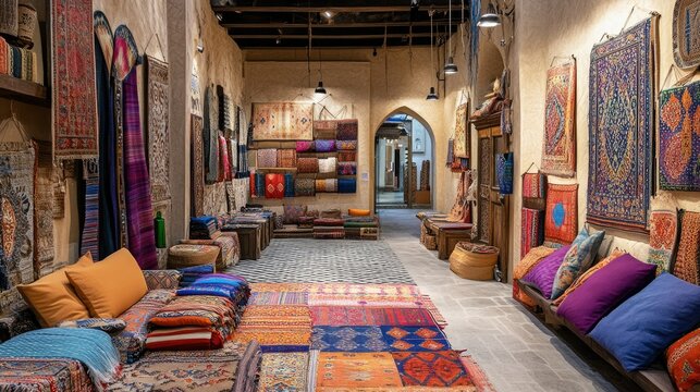Dubai souk scene with handcrafted textiles Copy space