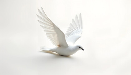 Obraz premium A white dove in mid-flight with outstretched wings against a soft, neutral background showcasing grace and tranquility