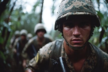 Obraz premium A focused male soldier with a determined expression leads his troop through a lush jungle, portraying teamwork and vigilance in a challenging environment.