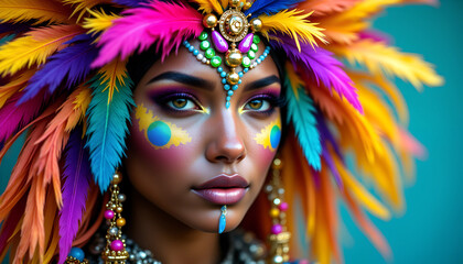 Vibrant carnival spirit displayed through colorful feathers and intricate makeup in a cultural festival celebration