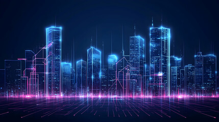 Fototapeta premium Futuristic cityscape with glowing lines and circuits.
