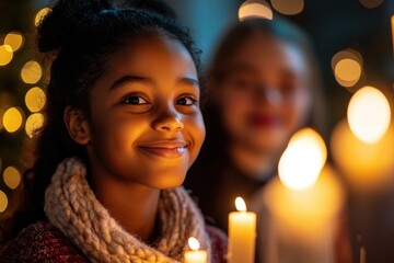 A young girl smiling warmly at a Christmas Eve candlelight service, with glowing candles and festive bokeh lights in the background