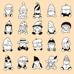 Vector set of cute minimalistic Scandinavian gnomes in dark and white colours on beige background 