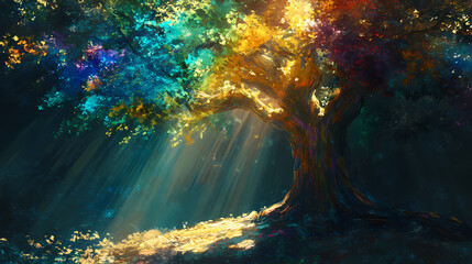 Obraz premium Prideful foliage: majestic rainbow oak tree casting dappled light, lgbtq+ diversity concept with copy space. Majestic. Illustration