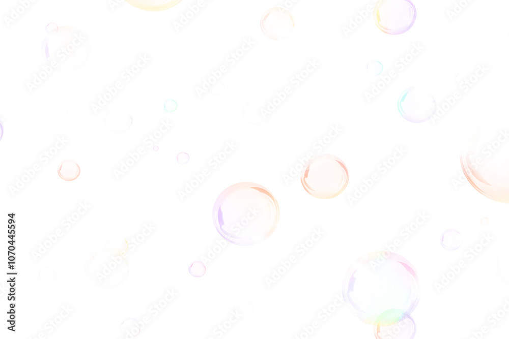 Poster Soft, transparent bubbles with pastel reflections isolated on a white background, creating a light and airy effect