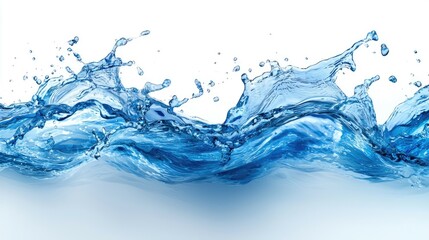 Blue water splash with waves and droplets isolated on a white background.
