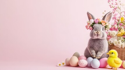 Fototapeta premium Easter bunny with a floral crown and yellow chick next to a basket of pastel eggs on a green background, evoking springtime innocence and joy.