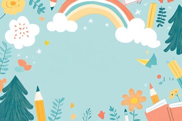 a cover page for an nursery school notebook, featuring blue design with blank space 