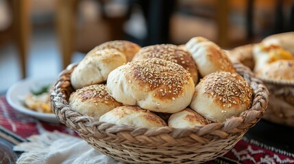 bread baskets filled with assorted breads. Copy space