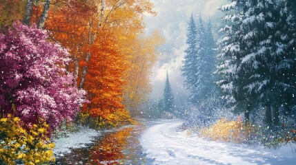 Colorful seasonal landscapes, from spring flowers to snowy forests, capturing the allure of every season