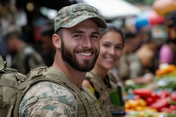 Fototapeta premium A bearded soldier, wearing a military cap, interacts warmly with a colleague at a market stall, contributing to the atmosphere and fostering unity.
