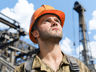 Fototapeta premium A man wearing an orange hard hat is looking up at a large building