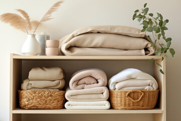 Fototapeta premium Basket of Folded Linens on Closet Shelf