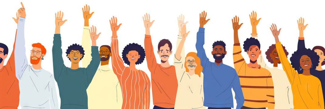 A group of diverse individuals raising their hands in agreement, their faces expressing shared understanding and unity.