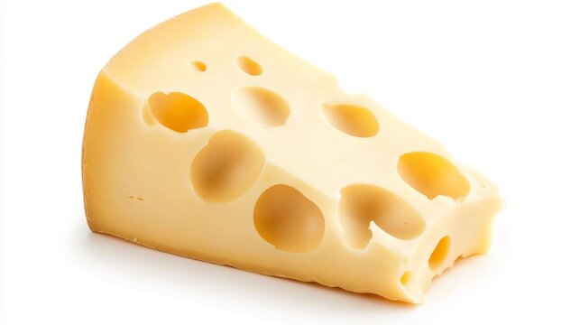 close-up of a piece of cheese with holes. Emmental cheese triangle, Swiss cheese, isolated on white background. High resolution image