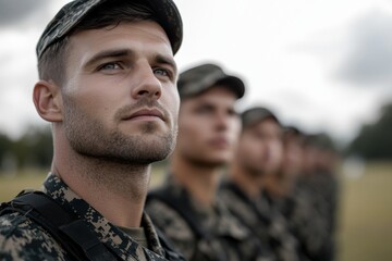 Naklejka premium A line of soldiers in camouflage uniforms stand in formation on an open field, displaying discipline and unity beneath a cloudy sky, conveying strength and solidarity.