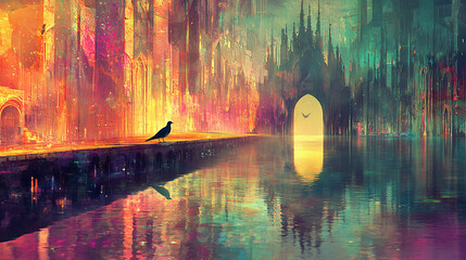 In a dreamscape the surface reflects the early mor,untry, generative ai, landscape, architecture, curtoone, chasny house, background, art nouveau, city, skyline, skyscraper, building, view, panorama, 