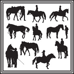 Horse riders silhouette set. riders riding horse illustration.