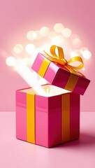 Fototapeta premium Opened magic gift box with golden ribbons glows with bright, radiant light beams from inside. Surprise idea, container for focus, secret gift, Black Friday Sale, Christmas or Birthday present